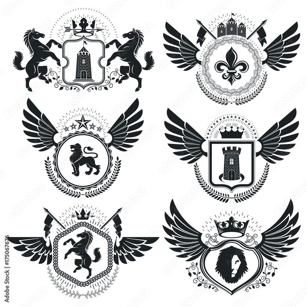 Heraldic Coat of Arms decorative emblems. Collection of symbols in vintage style. Heraldic Coat of Arms decorative emblems. Collection of symbols in vintage style.