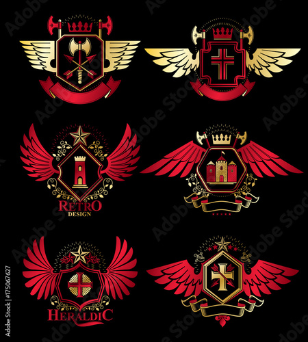Collection of vector heraldic decorative coat of arms isolated on white and created using vintage design elements, monarch crowns, pentagonal stars, armory, wild animals.
