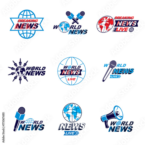 Social announcement logo, emblems and leaflets collection. Vector Earth, journalistic microphones and loudspeakers equipment composed with news, breaking news and world live news inscription.