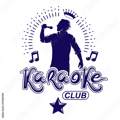 Karaoke club flyers vector cover design created using musical notes, stars and soloist singing to microphone. Emcee show advertising poster