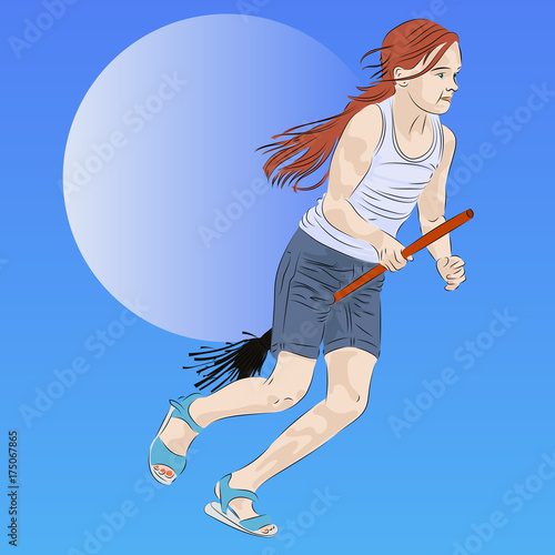 Halloween. The cute young witch flies on a broomstick. Vector illustration photo