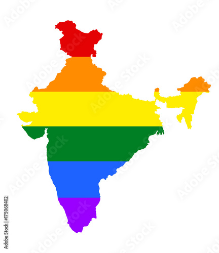 India pride gay map vector with rainbow flag colors. Gay flag over India union map. Rainbow flag.