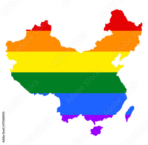 China pride gay map vector with rainbow flag colors. Gay flag over China union map. Rainbow flag.