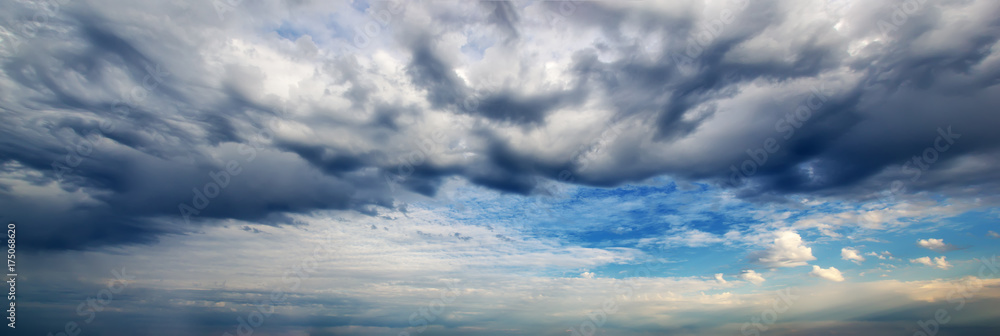 Obraz premium Amazing sky panorama. Panoramic dark storm cloud background