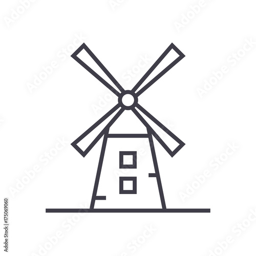 windmill illustration vector line icon, sign, illustration on white background, editable strokes