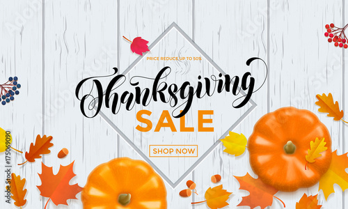 Thanksgiving sale web banner or Big seasonal promo offer discount poster for autumnal shopping background template. Vector pumpkin harvest maple, oak leaf or rowan berry for Thanksgiving sale design