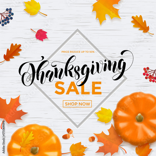 Thanksgiving sale poster or autumn fall season discount promo offer web banner template background for 50 percent off. Vector autumn pumpkin harvest maple leaf and calligraphy for Thanksgiving sale
