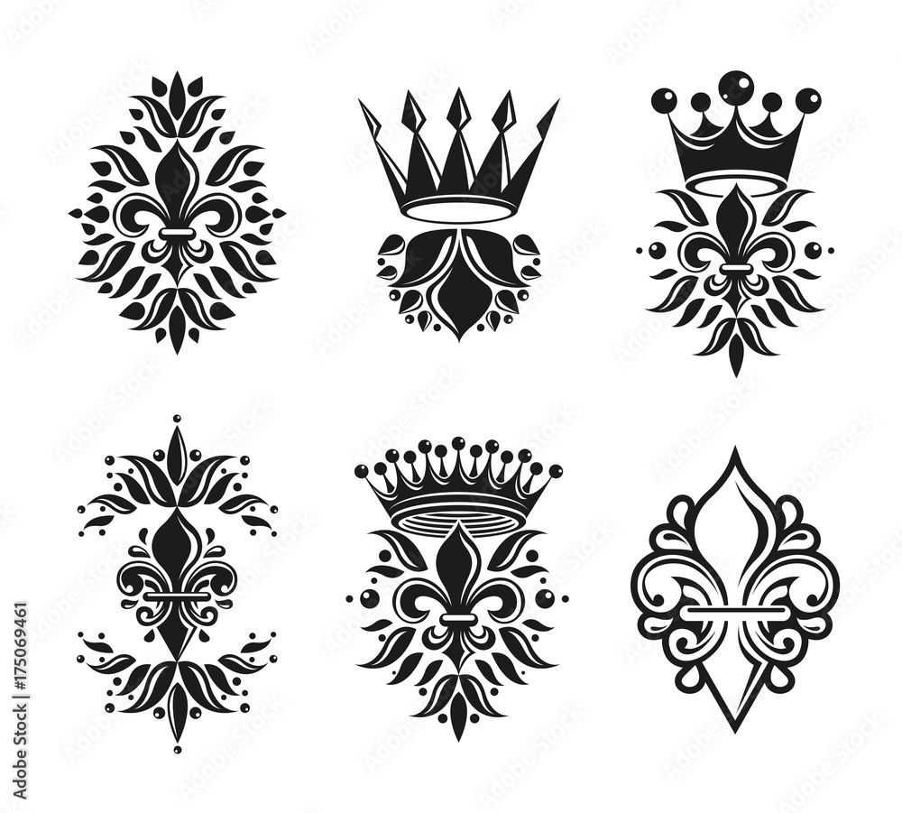 Royal symbols Lily Flowers, floral and crowns, emblems set. Heraldic vector design elements collection. Retro style label, heraldry logo. Royal symbols Lily Flowers, floral and crowns, emblems set. Heraldic vector design elements collection. Retro style label, heraldry logo.
