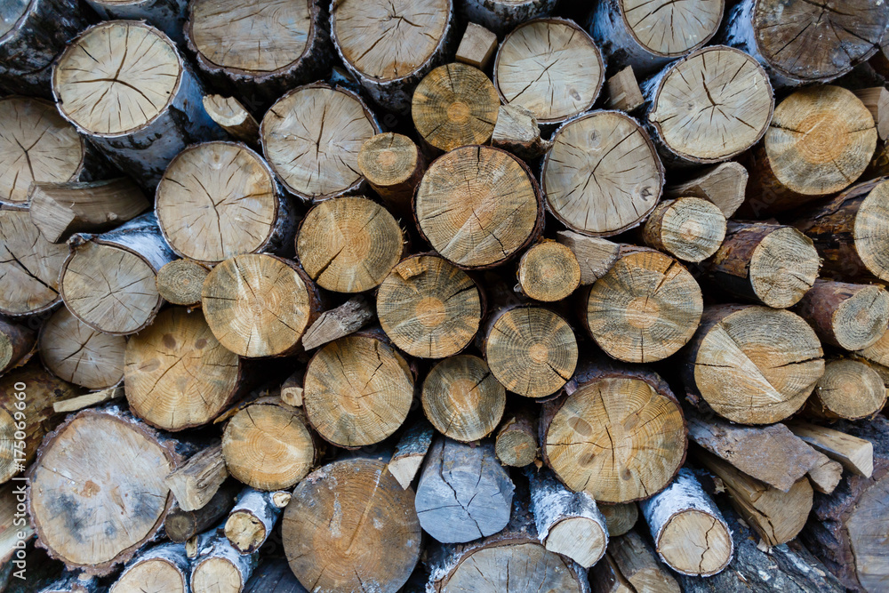 Chopped wood straightened in row. Wooden logs for heating. Wall made of cut logs. Fuel for fireplace and stove. Natural wooden texture. Stock of logs for winter heating. Rustic rural scene. Chopped wood straightened in row. Wooden logs for heating. Wall made of cut logs. Fuel for fireplace and stove. Natural wooden texture. Stock of logs for winter heating. Rustic rural scene.