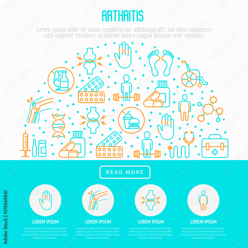 Arthritis concept in circle with thin line icons of symptoms and treatments: pain in joints, obesity, fast food, alcohol, medicine, wheelchair. Vector illustration for banner, web page, print media.