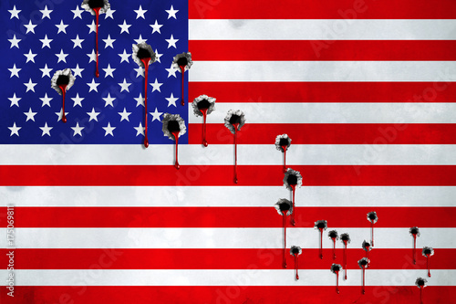 Digital illustration of USA flag on wall with bullet holes and blood.