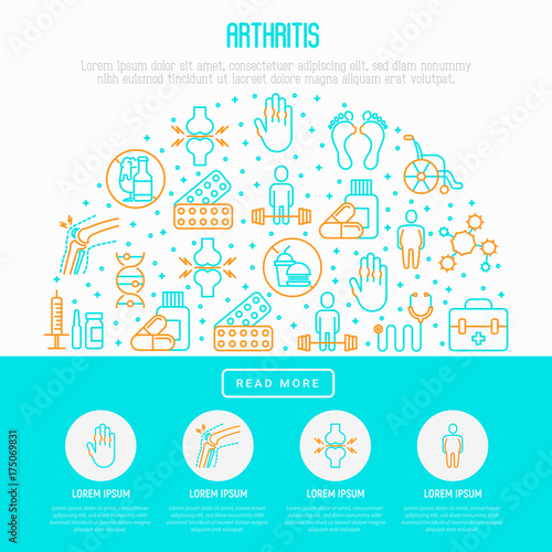 Arthritis concept in circle with thin line icons of symptoms and treatments  pain in joints  obesity  fast food  alcohol  medicine  wheelchair. Vector illustration for banner  web page  print media.