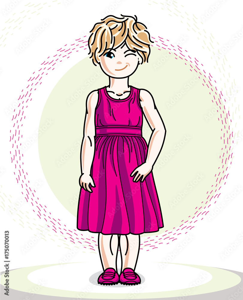 Little blonde cute girl toddler in casual clothes. Vector Illustration of pretty child standing. Little blonde cute girl toddler in casual clothes. Vector Illustration of pretty child standing.