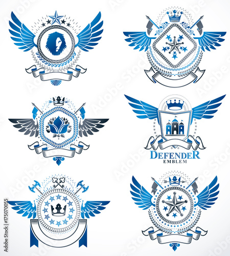 Vintage heraldry design templates, vector emblems created with bird wings, crowns, stars, armory and animal illustrations. Collection of vintage style symbols.