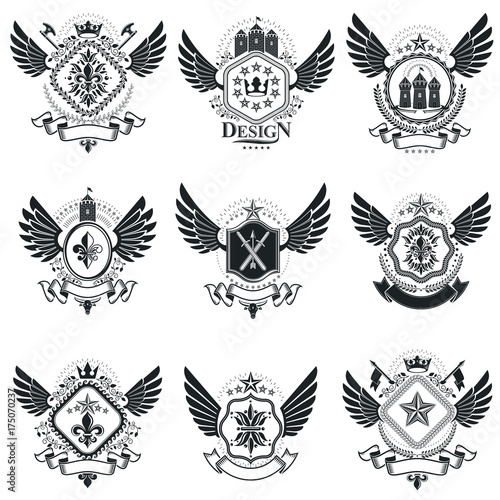 Heraldic designs, vector vintage emblems. Coat of Arms collection, vector set.