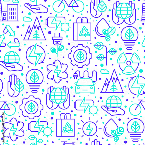 Ecology and green energy seamless pattern with thin bicolor line icons for environmental, recycling, renewable energy, nature. Vector illustration for banner, web page, print media.