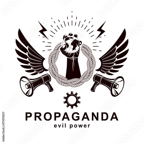 Flyer template composed with loudspeaker equipment, raised arm holds Earth globe and surrounded by rope, vector illustration. People fighting for their rights. Propaganda as political agitation