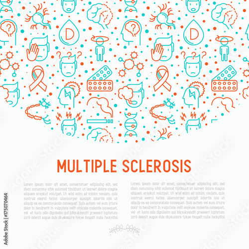 Multiple sclerosis concept with thin line icons of symptoms and treatments: disorientation, heredity, neuron myelin sheaths, vitamin D. Vector illustration for banner, web page.