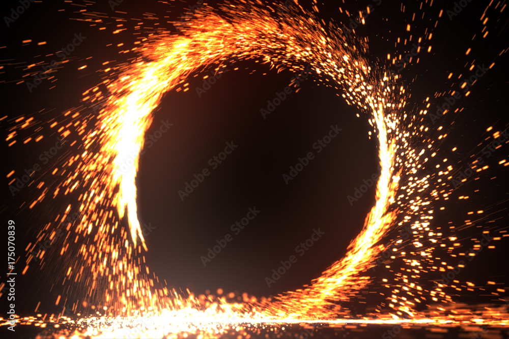 Abstract fire ring of fire flame fireworks burning. Sparking fire circle pattern or cold fire or fireworks in black background. 3d illustration