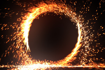 Abstract fire ring of fire flame fireworks burning. Sparking fire circle pattern or cold fire or fireworks in black background. 3d illustration