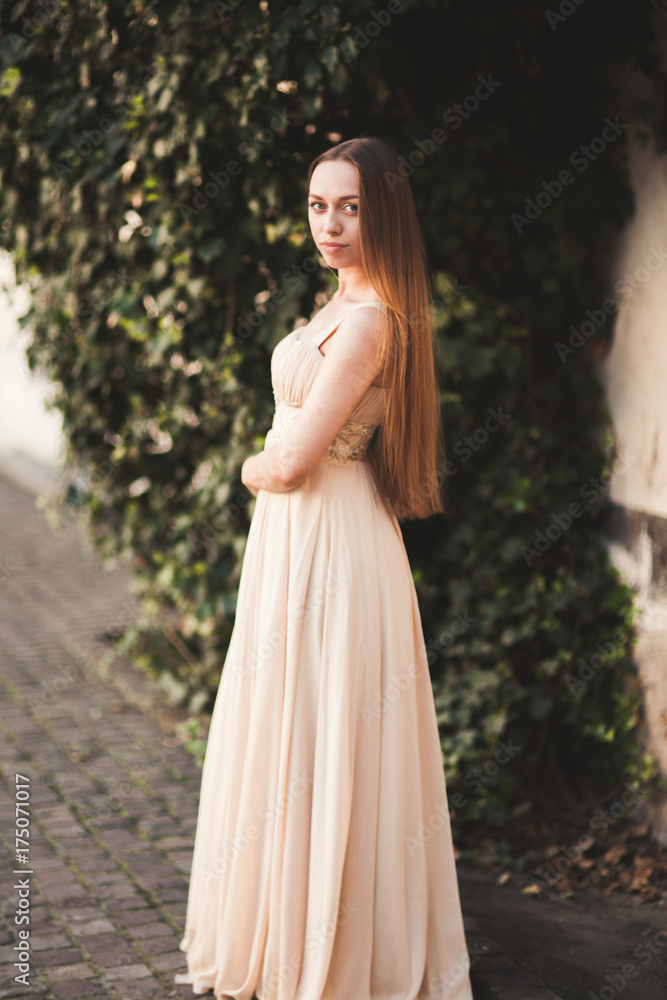 Beautiful girl with long hair posing near tree in vavel Krakow