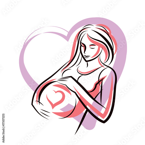 Pregnant elegant woman expects baby, hand-drawn vector illustration composed by heart shape frame. Love and fondle theme. Mothers day.