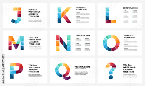 Vector Alphabet Infographic Presentation Slide Template Business Infographics Concept With Letters J K L M N O P Q Question Sign And Place For Your Text 16x9 Aspect Ratio Stock Vector