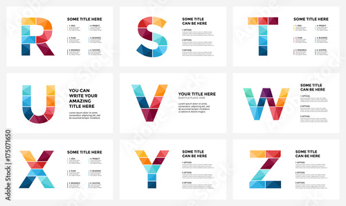 Vector alphabet infographic, presentation slide template. Business infographics concept with letters R, S, T, U, V, W, X, Y, Z and place for your text. 16x9 aspect ratio.