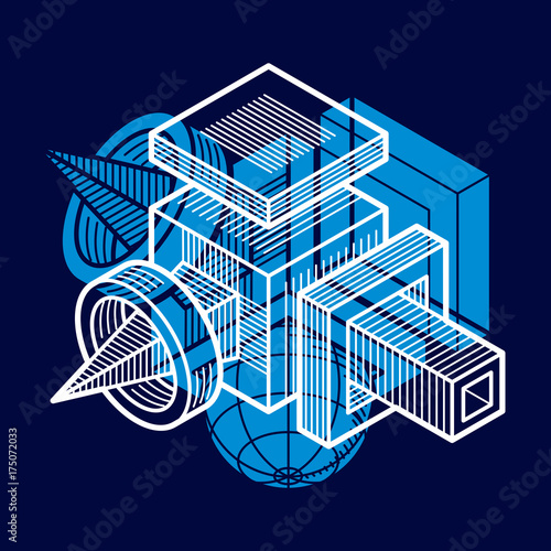 Abstract trigonometric construction, vector dimensional design template.