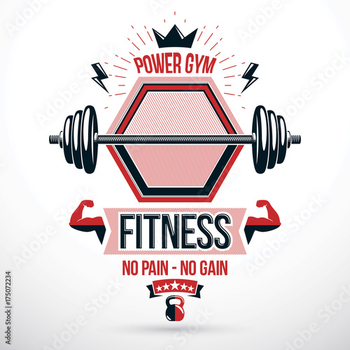 Weight-lifting exercise room vector symbol, barbell composed using kettle bell, crown and muscular arms of bodybuilder.