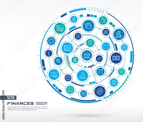Abstract finance, internet bank technology background. Digital connect system with integrated circles, line icons. Network system group, payment interface concept. Vector infographic illustration