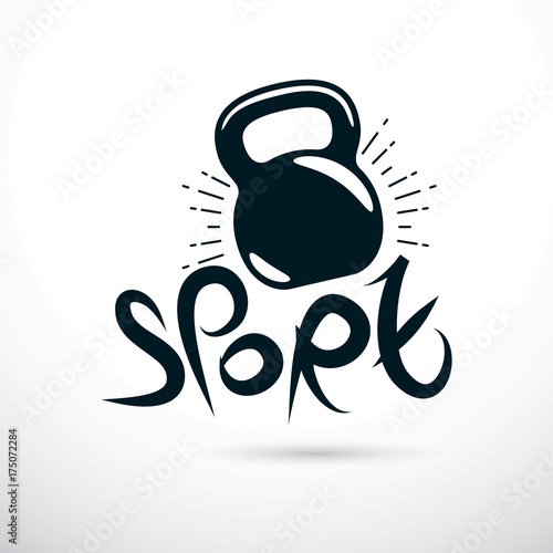 Logotype for heavyweight gym or fitness sport gymnasium, vector illustration of kettle bell. Sport lettering.