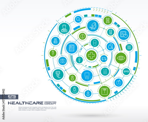 Abstract healthcare, medicine background. Digital connect system with integrated circles, glowing thin line icons. Network system group, interface concept. Vector future infographic illustration
