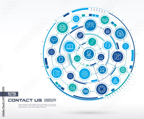 Abstract contact us, call center background. Digital connect system with integrated circles, glowing line icons. Network system group, interface concept. Vector future infographic illustration