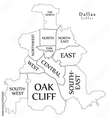 Modern City Map - Dallas Texas city of the USA with boroughs and titles outline map