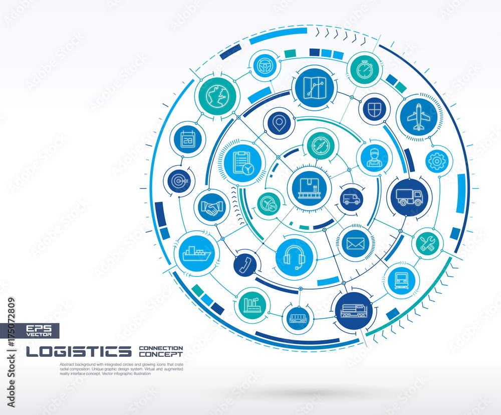 Abstract logistic and distribution background. Digital connect system with integrated circles, glowing line icons. Network system group, interface concept. Vector future infographic illustration Abstract logistic and distribution background. Digital connect system with integrated circles, glowing line icons. Network system group, interface concept. Vector future infographic illustration