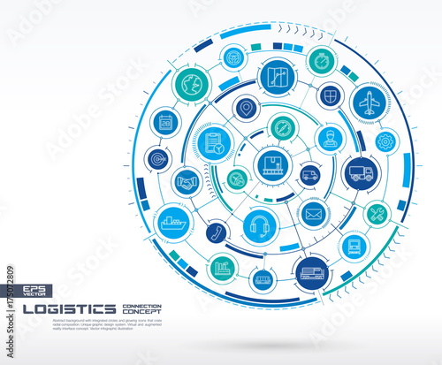 Abstract logistic and distribution background. Digital connect system with integrated circles, glowing line icons. Network system group, interface concept. Vector future infographic illustration
