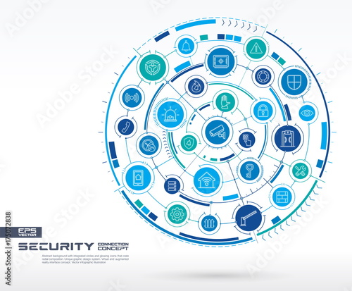 Abstract security, access control background. Digital connect system with integrated circles, glowing line icons. Network system group, interface concept. Vector future infographic illustration