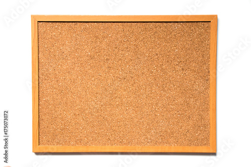 Brown cork board with wood frame on white background