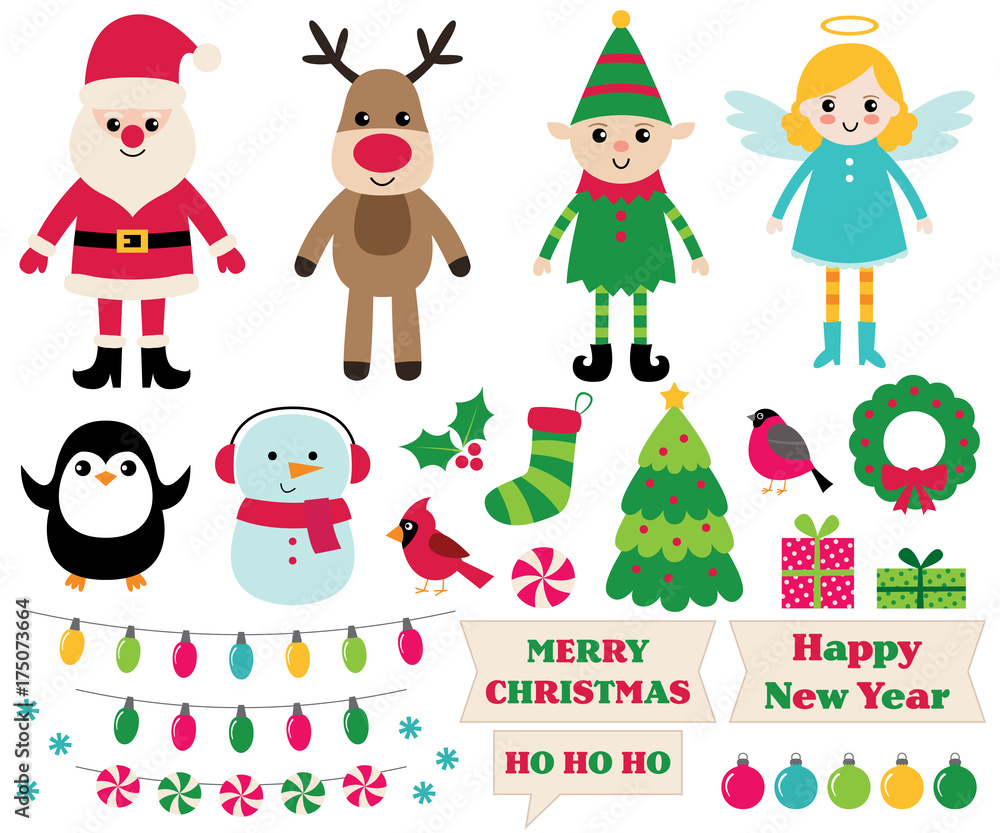 Christmas cartoon design elements set (Santa, elf, snowman, angel and more)