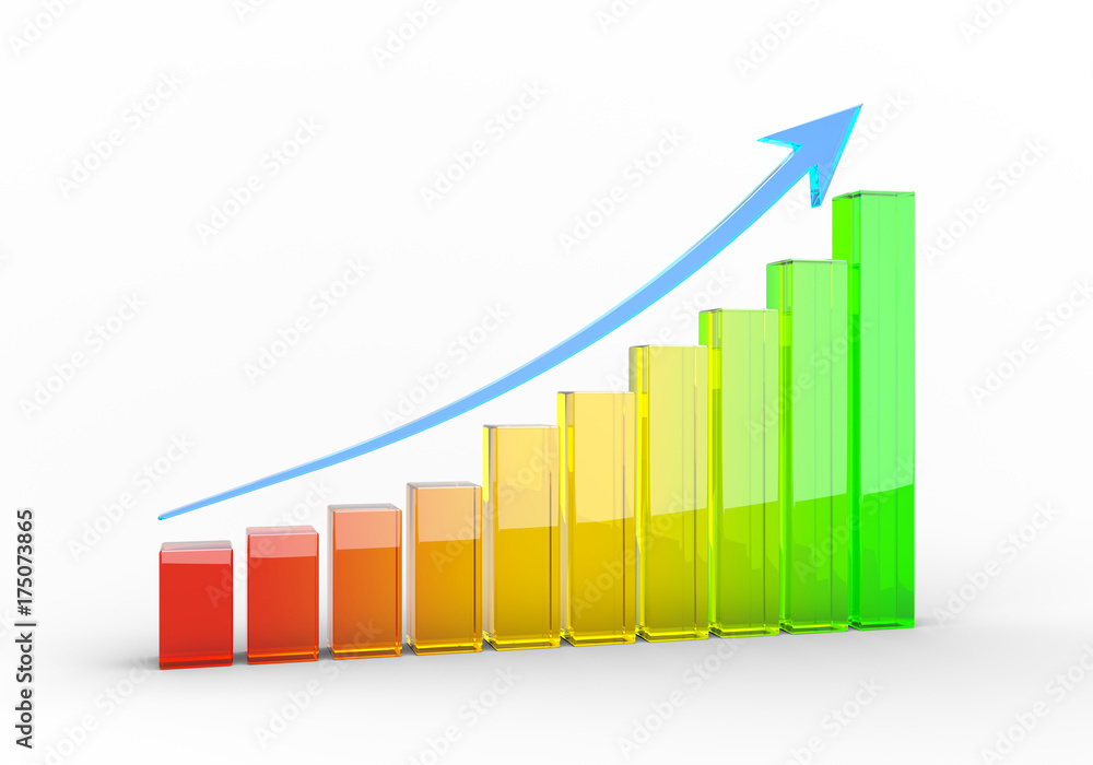 3D Rendering of Increasing Glass Column Graph with an Arrow on Top 3D Rendering of Increasing Glass Column Graph with an Arrow on Top