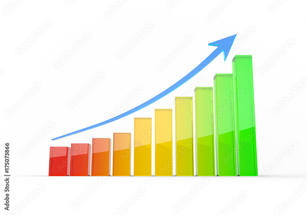 3D Rendering of Increasing Glass Column Graph with an Arrow on Top 3D Rendering of Increasing Glass Column Graph with an Arrow on Top