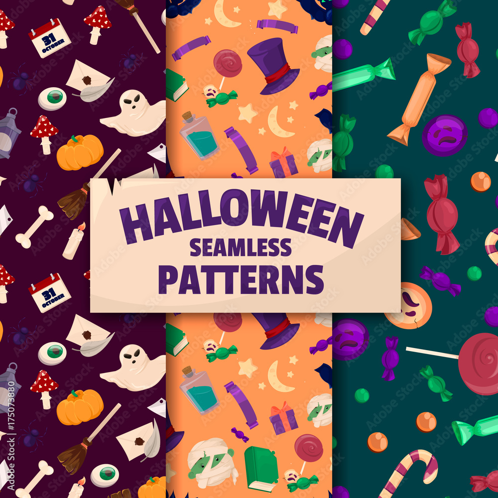 Fototapeta premium Halloween backgrounds. Set of seamless patterns