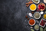 Set of Various spices  on black stone table. 