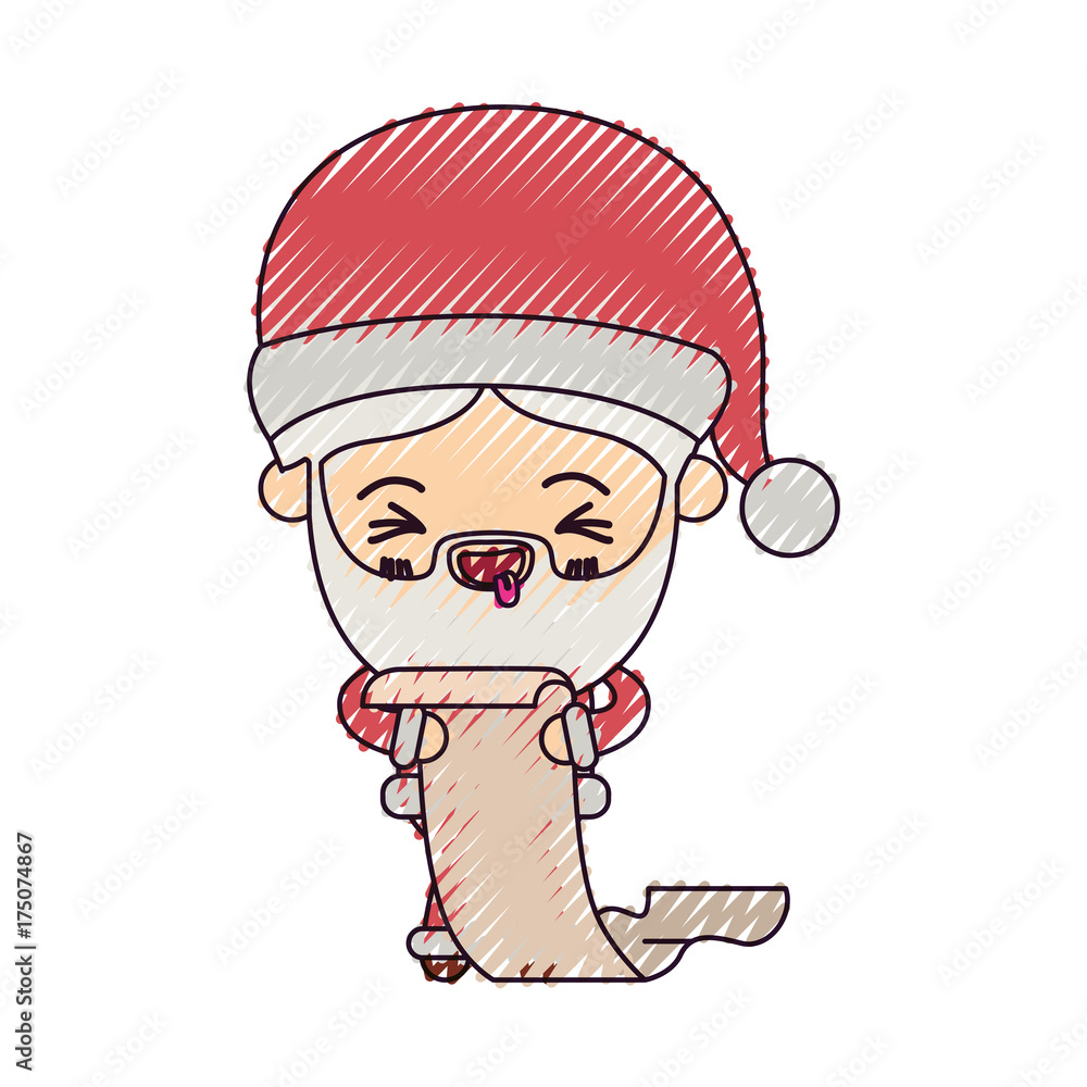 santa claus cartoon holding gift list in paper face expression smiling on color crayon silhouette on white background