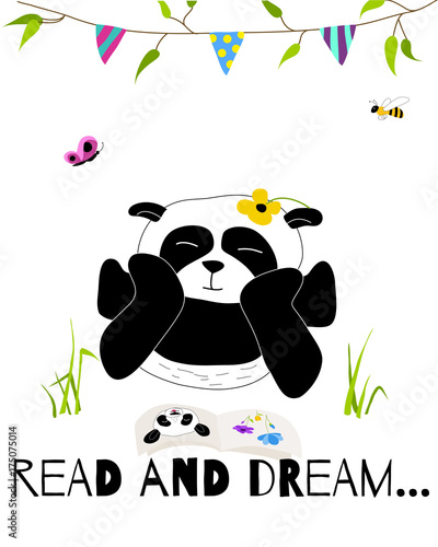 Fototapeta Naklejka Na Ścianę i Meble -  Cute and funny panda is dreaming and reading card. Doodle hand drawn style.