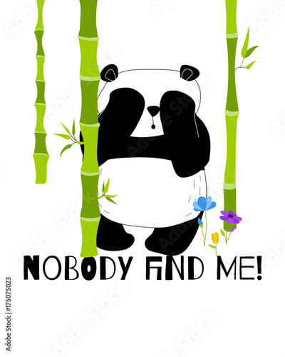 Fototapeta Naklejka Na Ścianę i Meble -  Cute and funny panda hides in the bamboo forest card. Doodle hand drawn style.