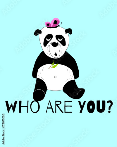 Fototapeta Naklejka Na Ścianę i Meble -  Cute and funny panda is surprised by butterfly card. Doodle hand drawn style.