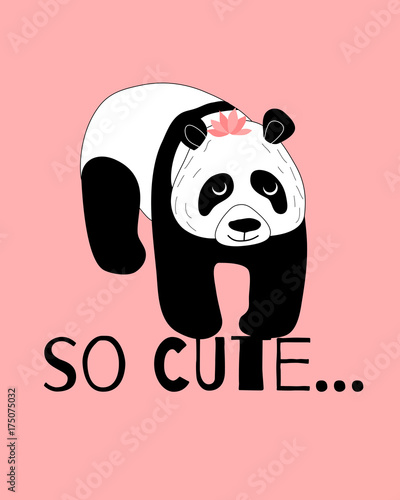 Fototapeta Naklejka Na Ścianę i Meble -  Cute female panda on the pink background card. Doodle hand drawn style.