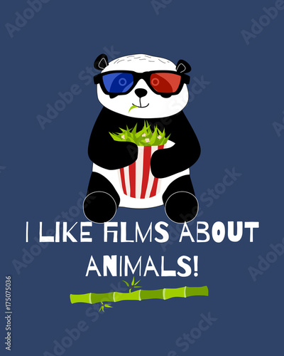 Fototapeta Naklejka Na Ścianę i Meble -  Cute and funny panda with 3d glasses ans bamboo popcorn is wathing cinema card. Doodle hand drawn style.